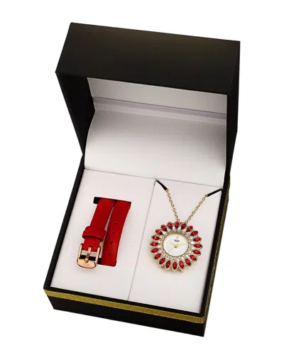 Burgi Women's Leather Interchangeable Watch & Pendant Necklace Set