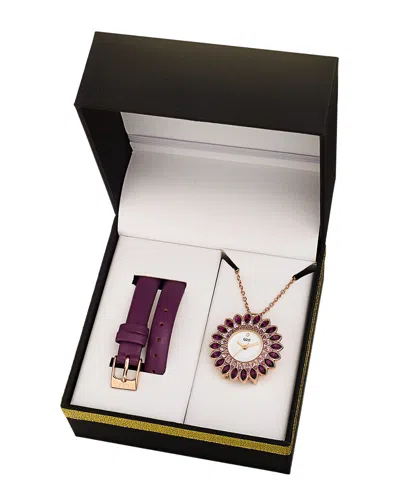 Burgi Women's Leather Interchangeable Watch & Pendant Necklace Set