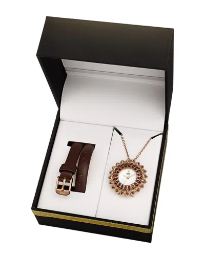 Burgi Women's Leather Interchangeable Watch & Pendant Necklace Set