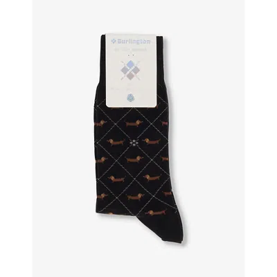 Burlington Mens 3000 Black Dachshund-print Stretch-organic-cotton And Recycled-polyamide Socks