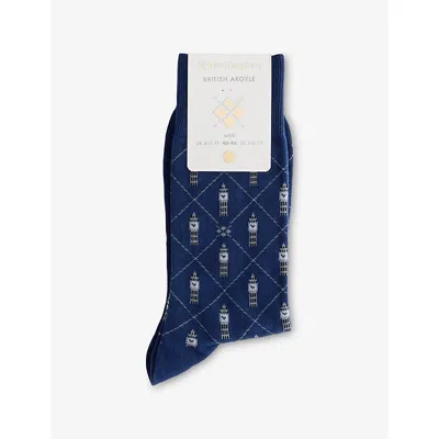 Burlington Mens Royal Blue Big Ben Argyle-print Stretch Cotton And Polyamide Socks