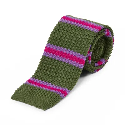 Burrows And Hare Men's Wool Knitted Tie - Stripe Green, Purple & Fuchsia In Gray