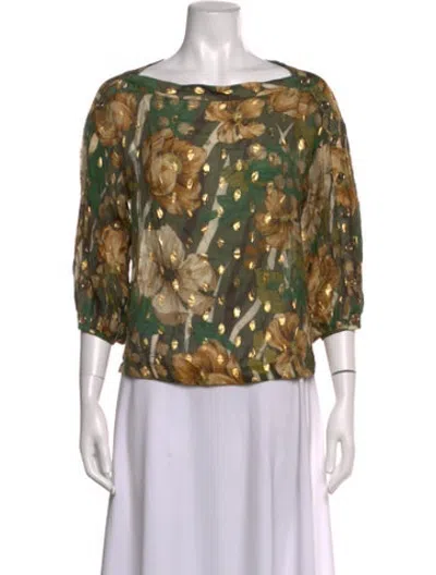 Pre-owned Buru Floral Print Bateau Neckline Blouse In Green