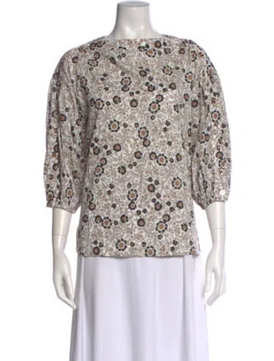 Pre-owned Buru Floral Print Bateau Neckline Blouse In Neutral