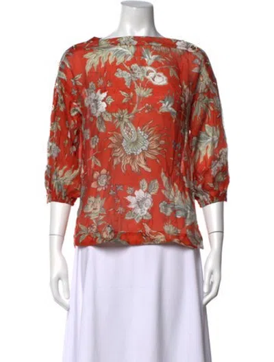 Pre-owned Buru Floral Print Bateau Neckline Blouse W/ Tags In Orange