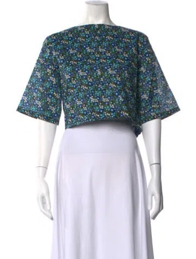 Pre-owned Buru Floral Print Bateau Neckline Crop Top In Blue/green