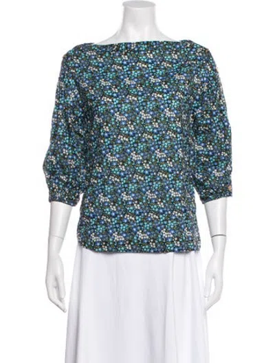 Pre-owned Buru Floral Print Bateau Neckline Top In Blue