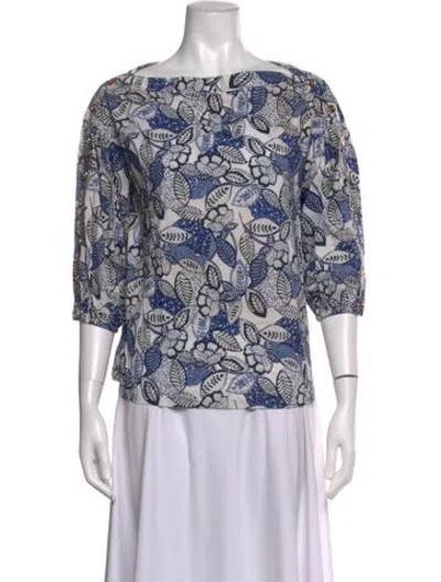 Pre-owned Buru Floral Print Bateau Neckline Top In Blue