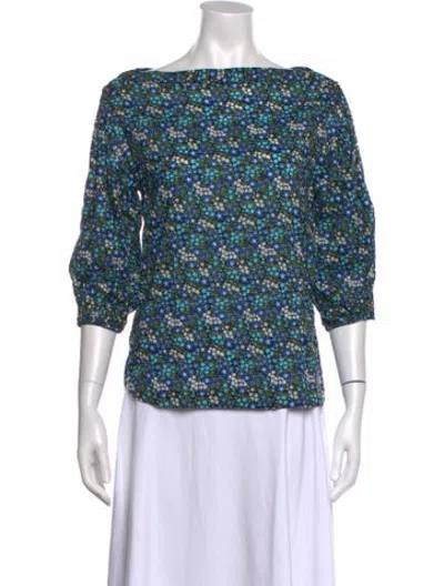 Pre-owned Buru Floral Print Bateau Neckline Top In Blue