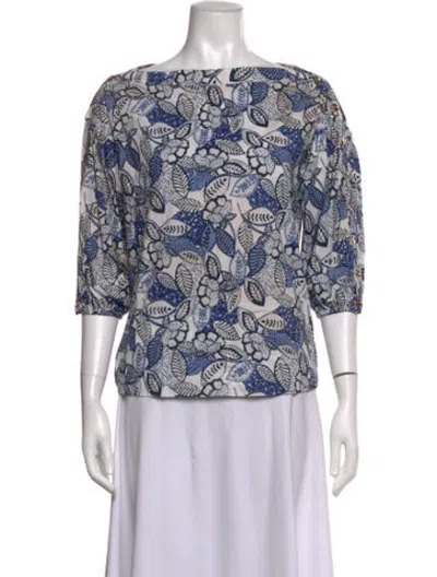 Pre-owned Buru Floral Print Bateau Neckline Top In Blue