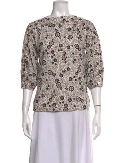 Pre-owned Buru Floral Print Bateau Neckline Top In Neutrals