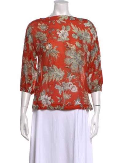 Pre-owned Buru Floral Print Bateau Neckline Top In Orange