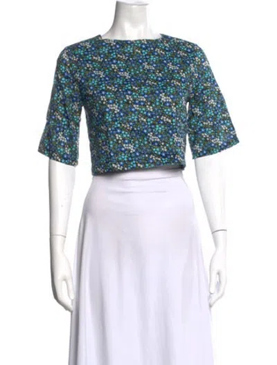 Pre-owned Buru Floral Print Crew Neck Crop Top In Blue