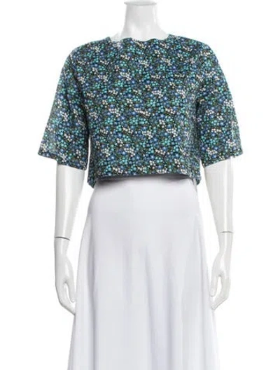 Pre-owned Buru Floral Print Crew Neck Crop Top In White