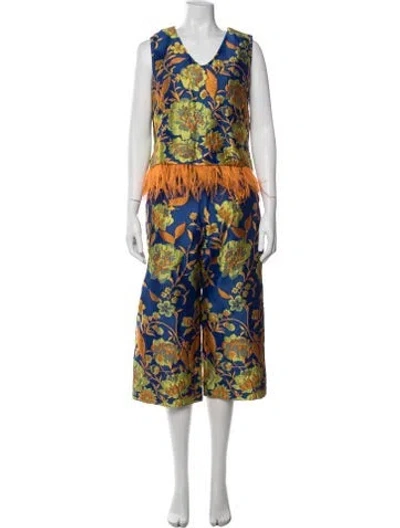 Pre-owned Buru Floral Print Feather Trim Pant Set In Multicolor