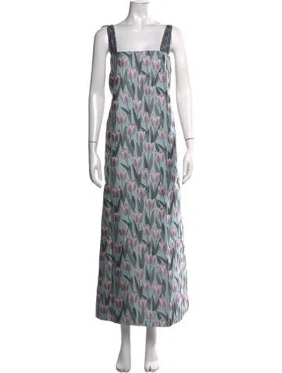 Pre-owned Buru Floral Print Long Dress In Blue