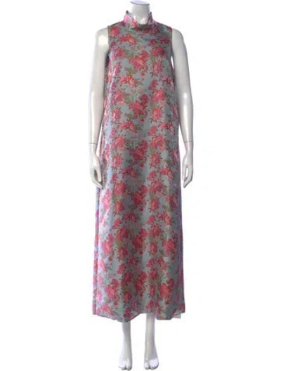 Pre-owned Buru Floral Print Long Dress In Blue