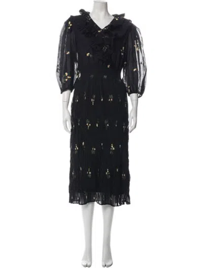 Pre-owned Buru Floral Print Midi Length Dress In Black