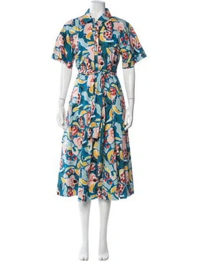 Pre-owned Buru Floral Print Midi Length Dress In Blue
