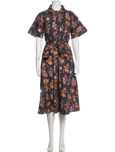 Pre-owned Buru Floral Print Midi Length Dress In Blue