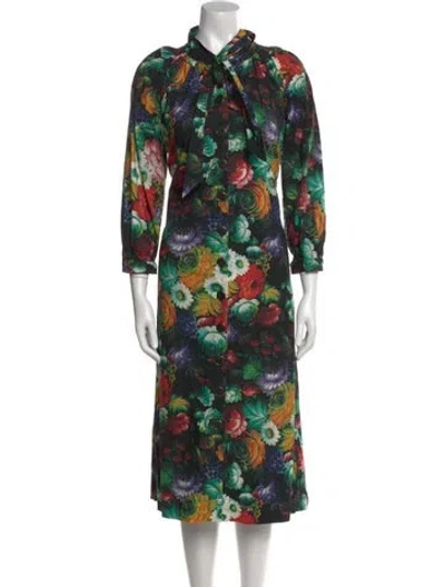 Pre-owned Buru Floral Print Midi Length Dress In Green