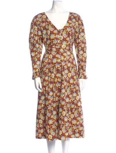Pre-owned Buru Floral Print Midi Length Dress In Orange