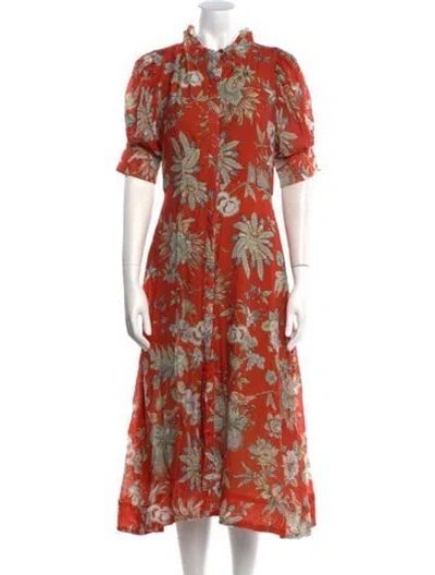 Pre-owned Buru Floral Print Midi Length Dress In Orange
