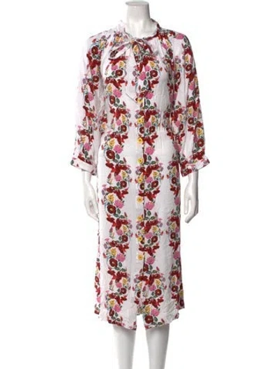 Pre-owned Buru Floral Print Midi Length Dress In White