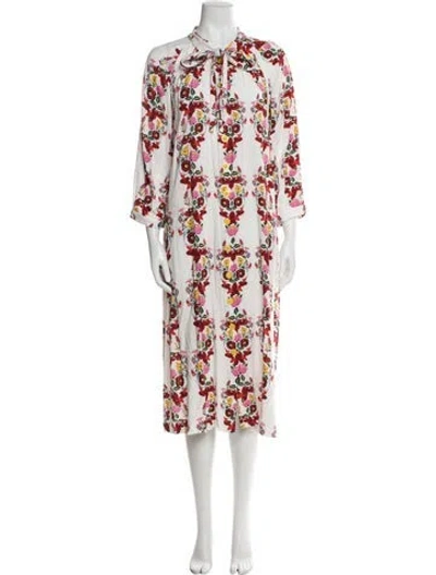 Pre-owned Buru Floral Print Midi Length Dress In White
