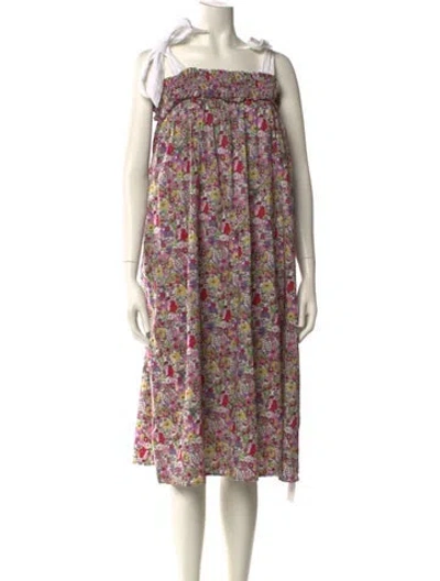 Pre-owned Buru Floral Print Midi Length Dress In White