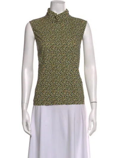 Pre-owned Buru Floral Print Mock Neck Top In Green