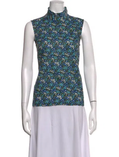 Pre-owned Buru Floral Print Mock Neck Top In Green