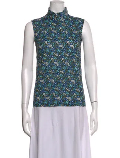 Pre-owned Buru Floral Print Mock Neck Top In Green