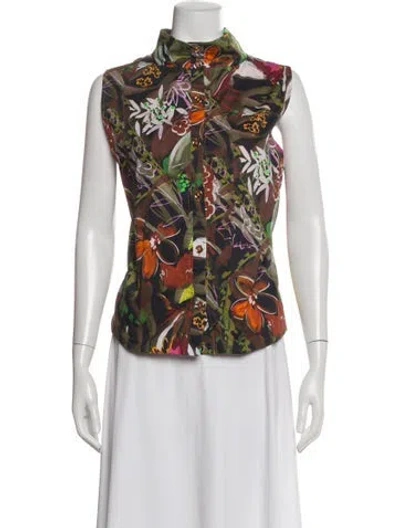 Pre-owned Buru Floral Print Sleeveless Button-up Top In Brown