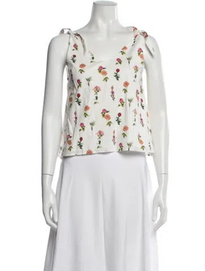 Pre-owned Buru Floral Print Square Neckline Top In White
