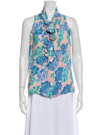 Pre-owned Buru Floral Print Tie Neck Blouse In Blue