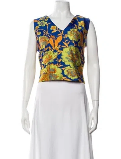 Pre-owned Buru Floral Print V-neck Top In Yellow