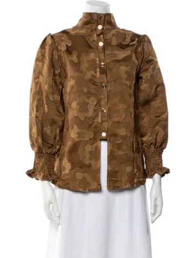 Pre-owned Buru Mock Neck Three-quarter Sleeve Button-up Top W/ Tags In Brown