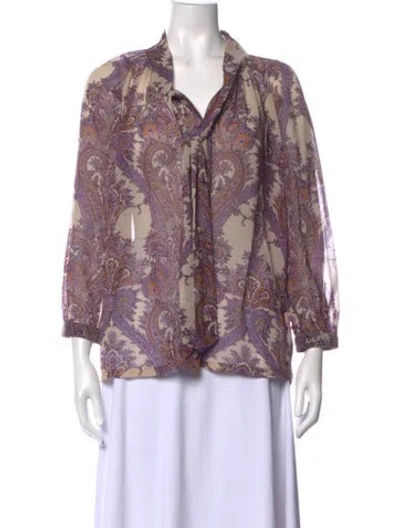Pre-owned Buru Paisley Print Tie Neck Blouse In Purple