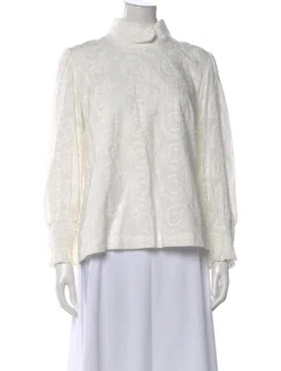 Pre-owned Buru Patterned Mock Neck Blouse In White