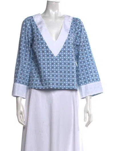 Pre-owned Buru Patterned V-neck Top In Blue/white