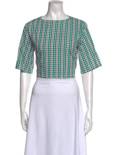 Pre-owned Buru Plaid Print Bateau Neckline Crop Top In Green