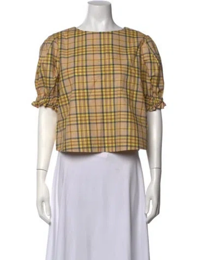Pre-owned Buru Plaid Print Crew Neck Top In Yellow