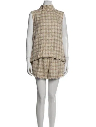 Pre-owned Buru Plaid Print Fringe Trim Accent Short Set In Neutrals