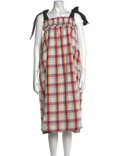 Pre-owned Buru Plaid Print Midi Length Dress W/ Tags In White