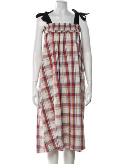 Pre-owned Buru Plaid Print Midi Length Dress In White