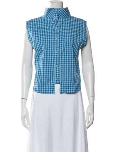 Pre-owned Buru Plaid Print Sleeveless Button-up Top In Blue/white