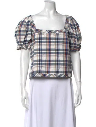 Pre-owned Buru Plaid Print Square Neckline Top In Blue