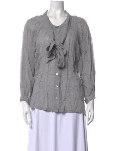 Pre-owned Buru Plaid Print Tie Neck Blouse In Gray