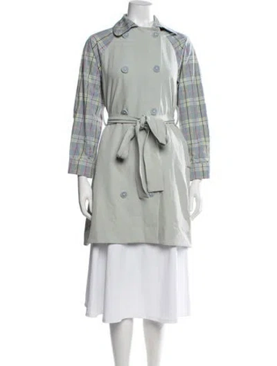Pre-owned Buru Plaid Print Trench Coat In Green